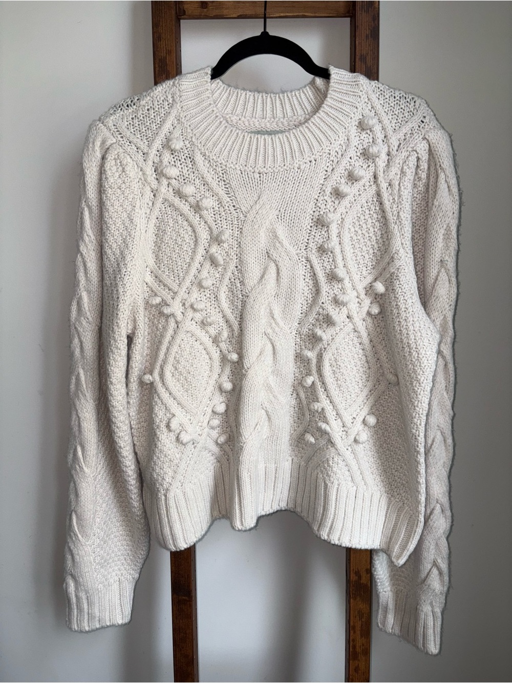 Cable Knit Fisherman Sweater XL Cream Chunky Bobble Cozy Cottagecore Cabincore